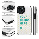 Personalized iPhone 15 case in white PU leather with custom design, card slots, and magnetic closure.