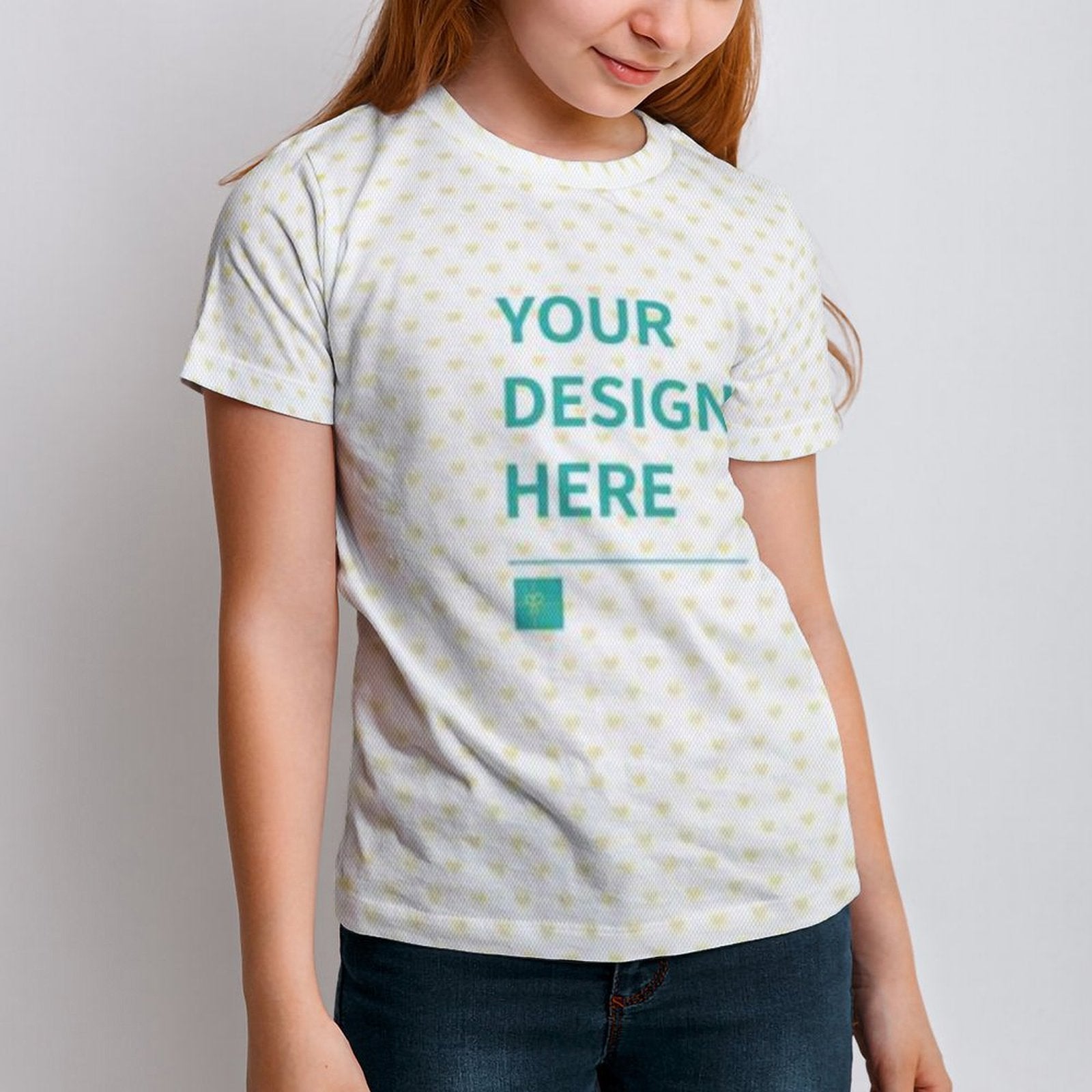 Customizable kids t-shirt with 'YOUR DESIGN HERE' on mesh fabric for boys or girls, heart pattern, MyArtsyGift