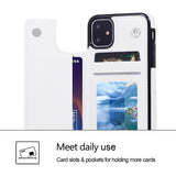 White PU leather iPhone 11 wallet case with card slots, demonstrating daily use and card storage, MyArtsyGift.