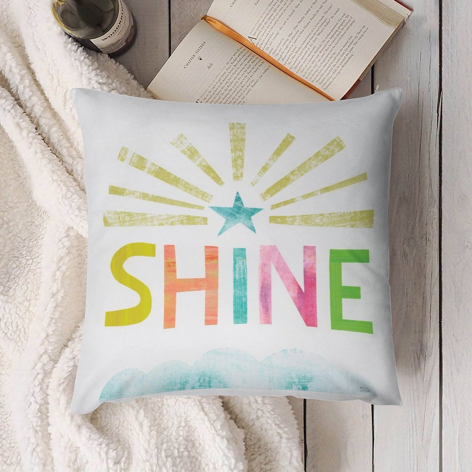 Plush pillow cover with colorful "SHINE" design, for sofa or couch, soft and fluffy, home decor