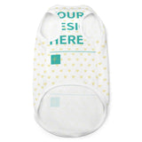 Customizable dog vest with 'YOUR DESIGN HERE' text and heart pattern. Personalized pet clothing from MyArtsyGift.