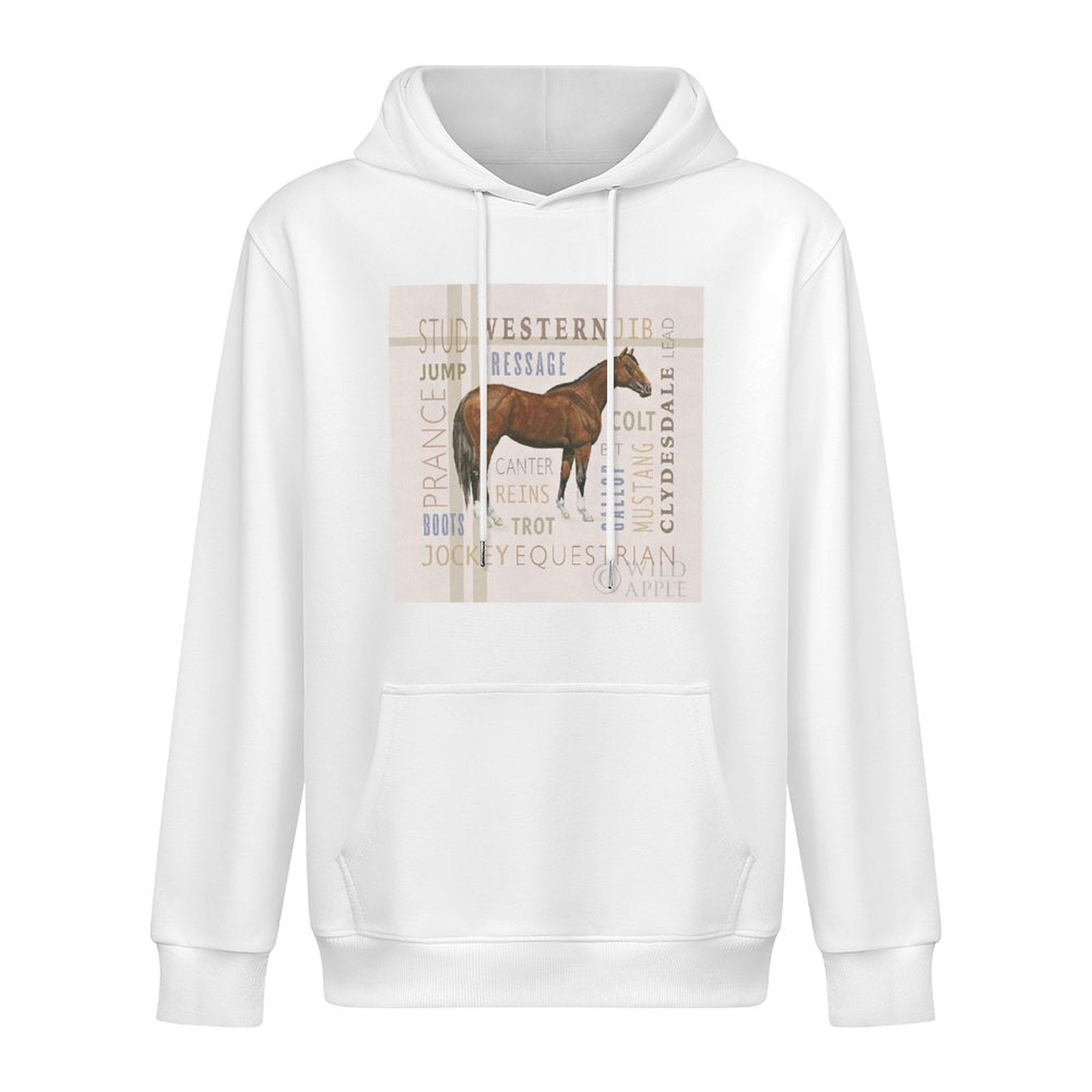 White men's sweatshirt with horse graphic and equestrian terms. Comfortable, ideal gift for horse lovers.