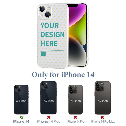 Customizable iPhone 14 case with PC plastic. Displaying "YOUR DESIGN HERE", compatible with iPhone 14 series, perfect gift.