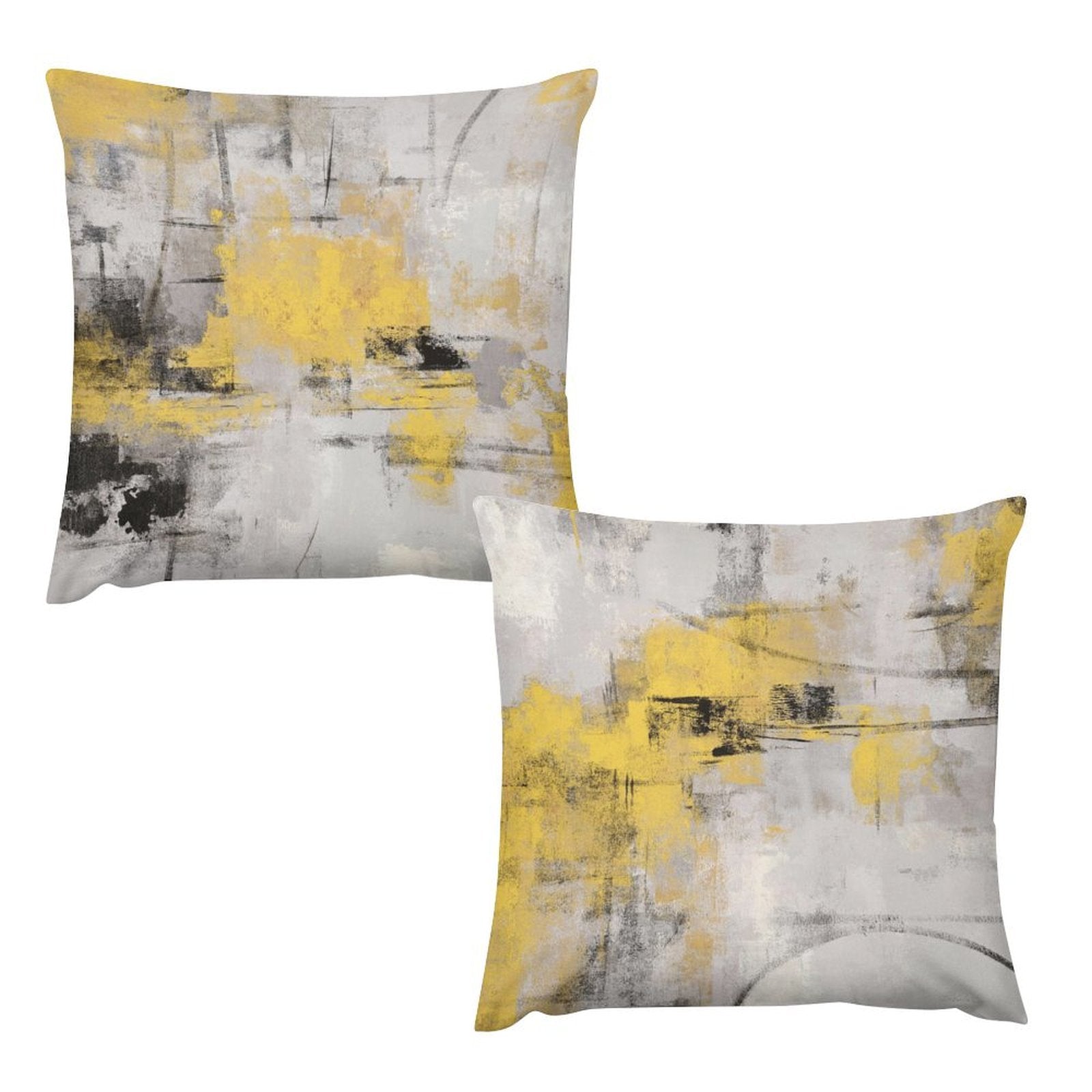 Set of 2 square throw pillow covers with yellow, gray, and black abstract art, short plush material for home decor.