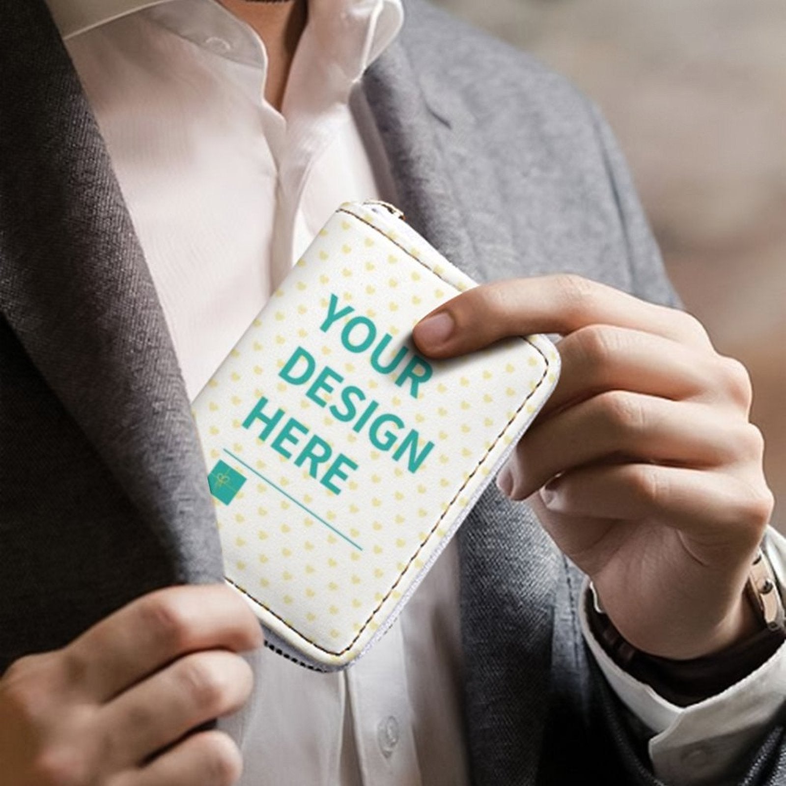 Personalized white PU leather card case with customizable design area, minimalist wallet for men and women