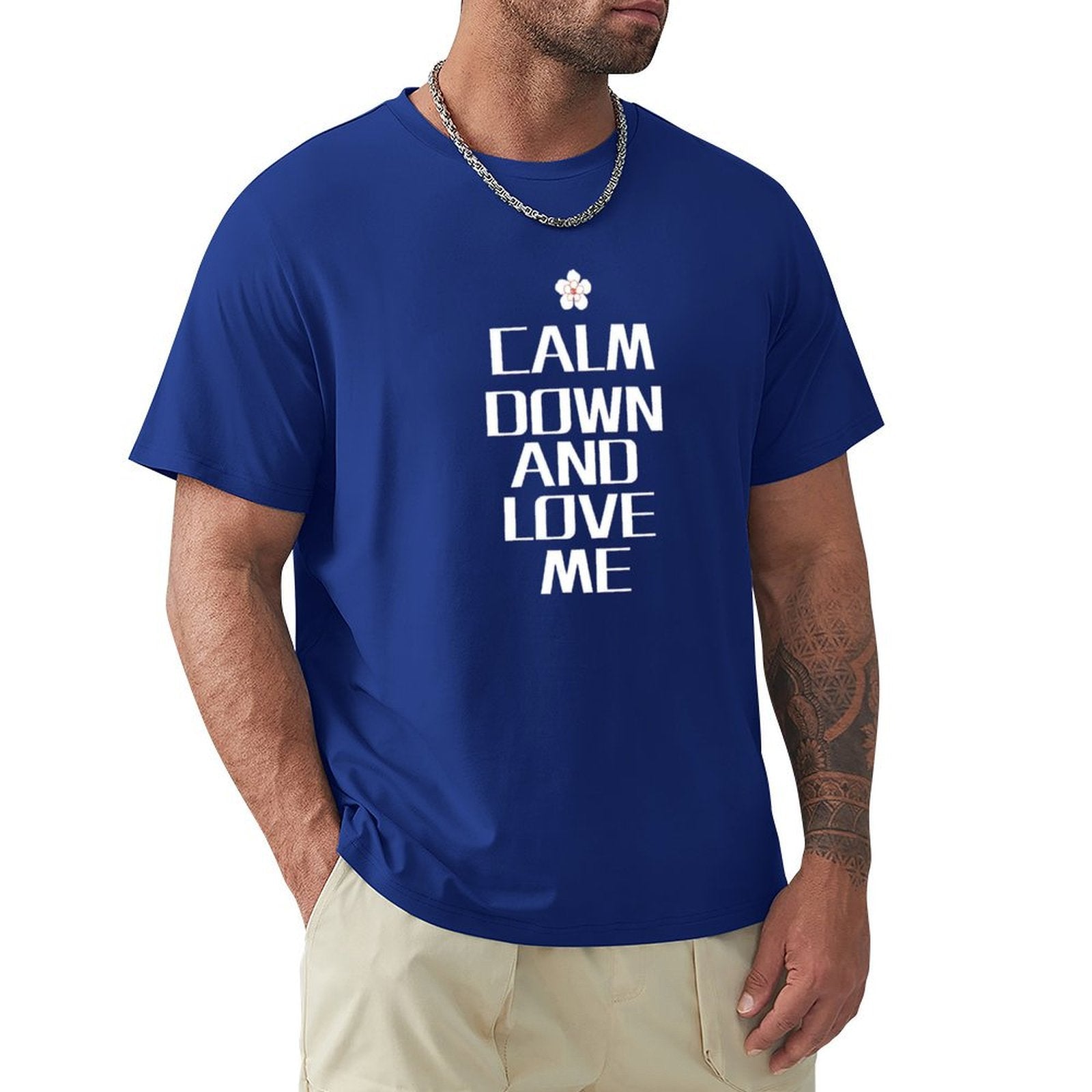 Blue men's t-shirt with 'Calm Down and Love Me' print, cotton crew neck tee for men, MyArtsyGift