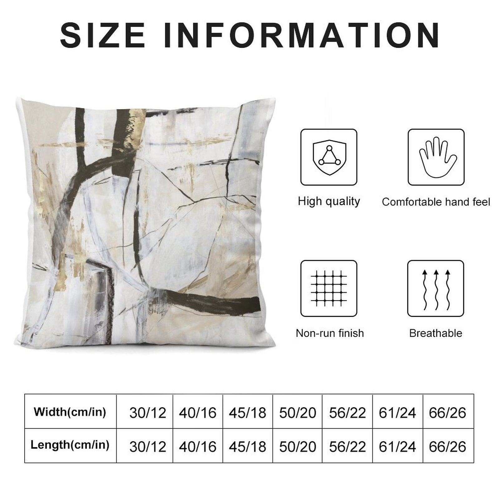Abstract art pillow cover size information with size options and features like high quality and breathable for home decor