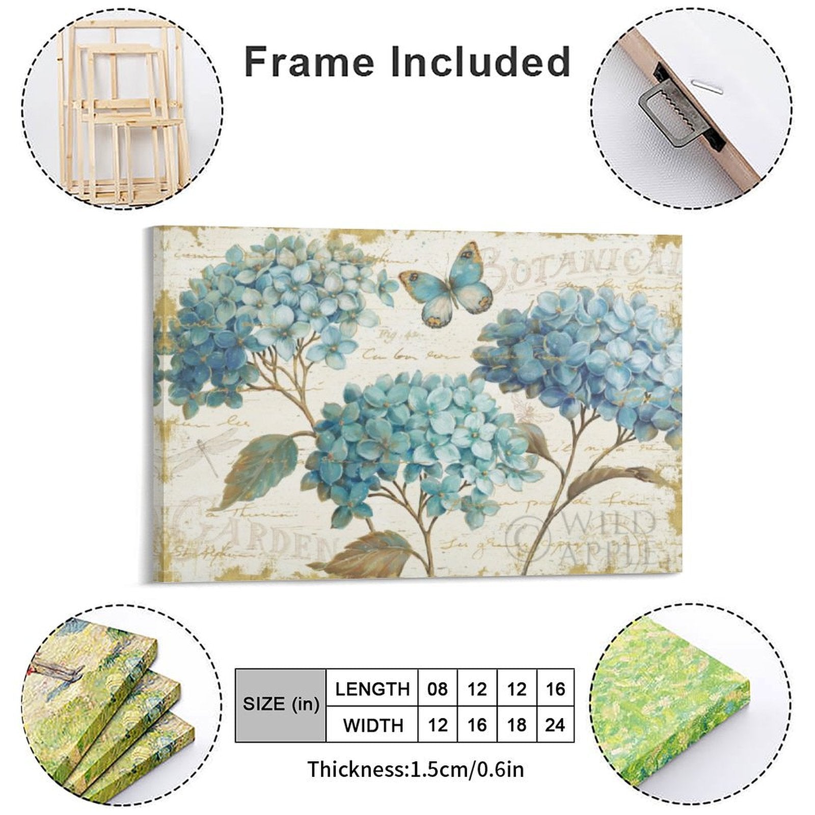 Canvas wall art with blue hydrangea and butterfly design. Botanical print, available in multiple sizes.