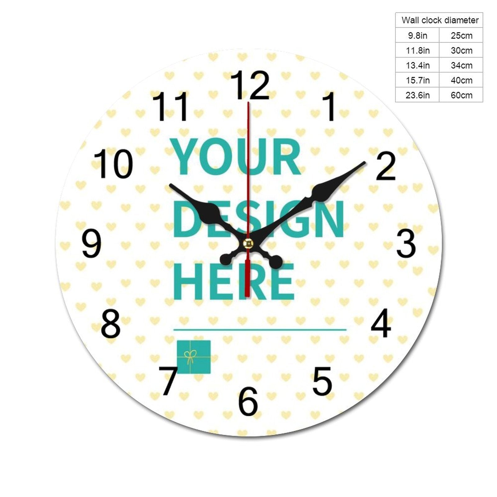 Custom round wooden wall clock with 'YOUR DESIGN HERE' text, perfect personalized gift for home or kitchen