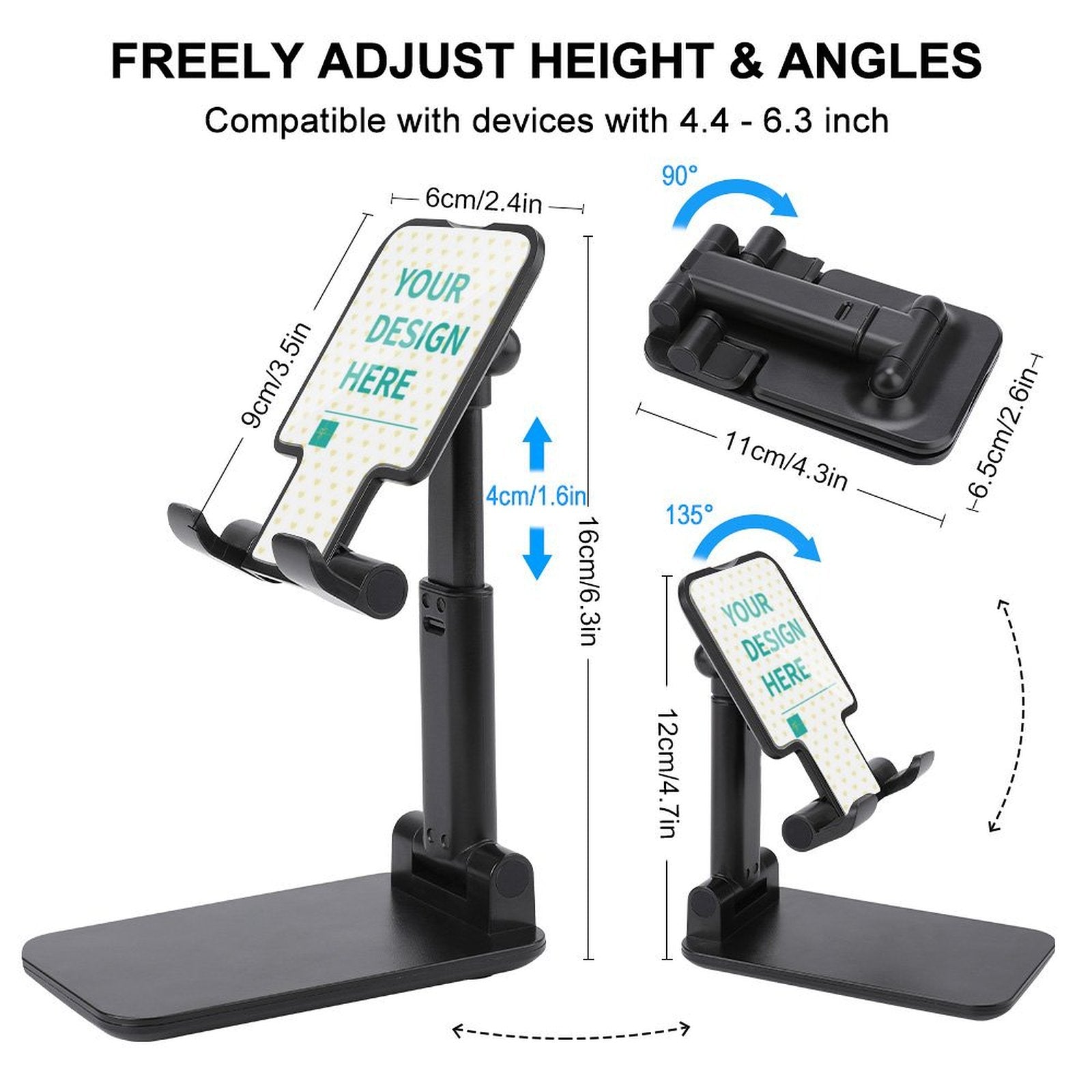 Customizable black foldable phone and tablet stand, adjustable height and angle, featuring YOUR DESIGN HERE text