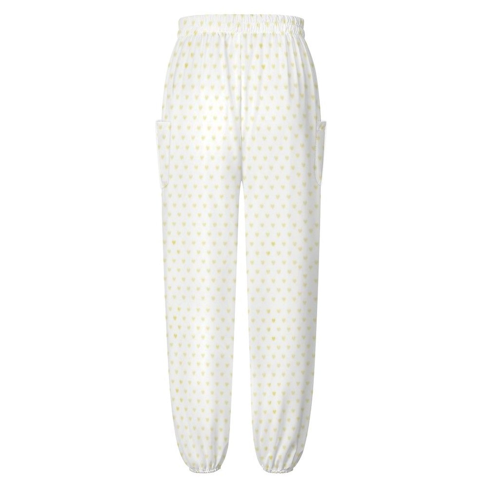 Custom white yoga pants for women with yellow heart pattern and pockets. Perfect for sports.