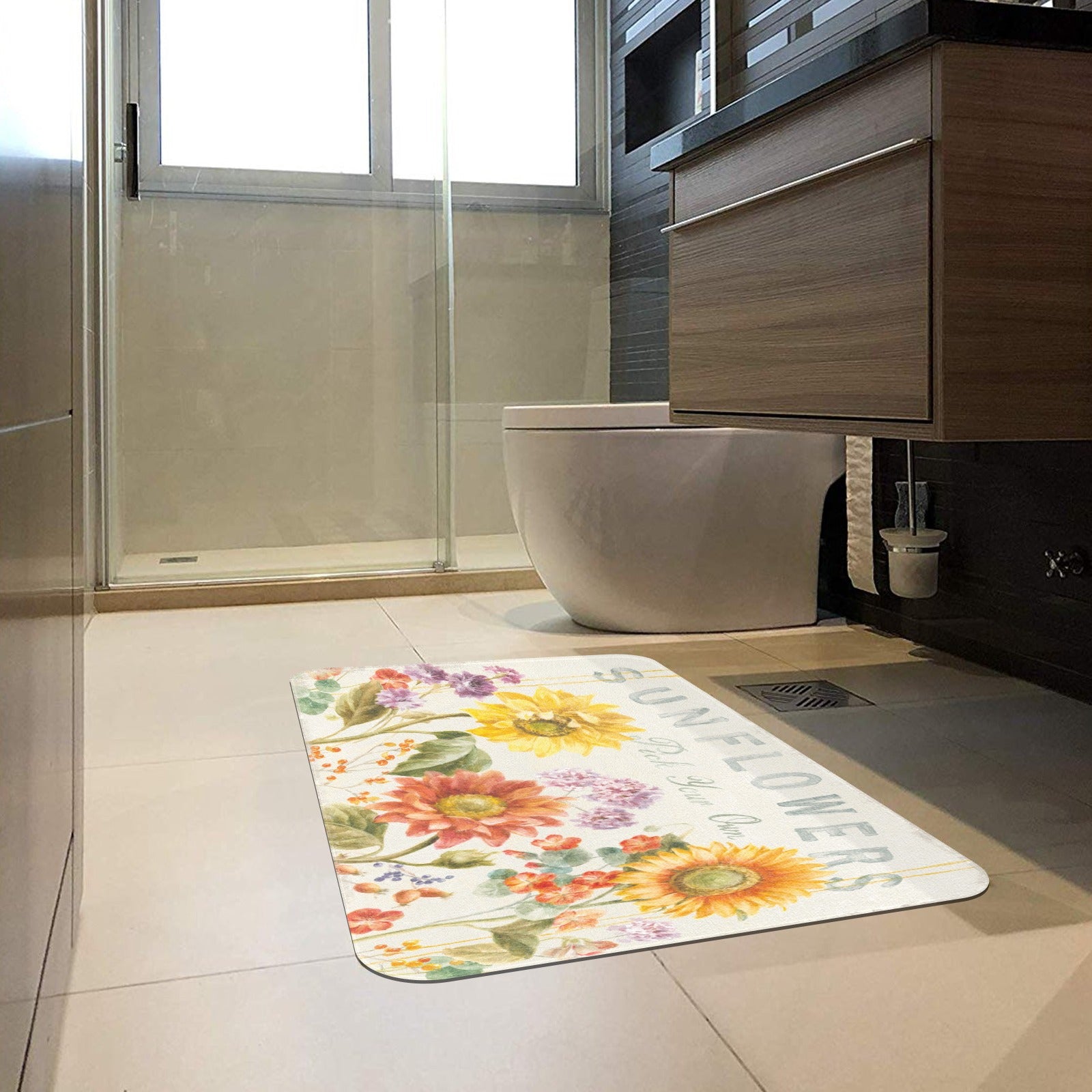 Floursack autumn sunflowers door mat, floral design for indoor/outdoor use with 'SUNFLOWERS Pick Your Own' text