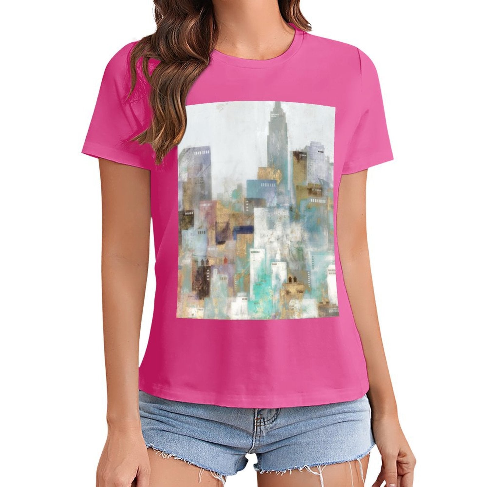 Pink short sleeve crewneck t-shirt with abstract cityscape art print, MyArtsyGift