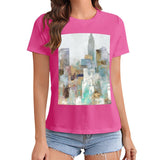 Pink short sleeve crewneck t-shirt with abstract cityscape art print, MyArtsyGift