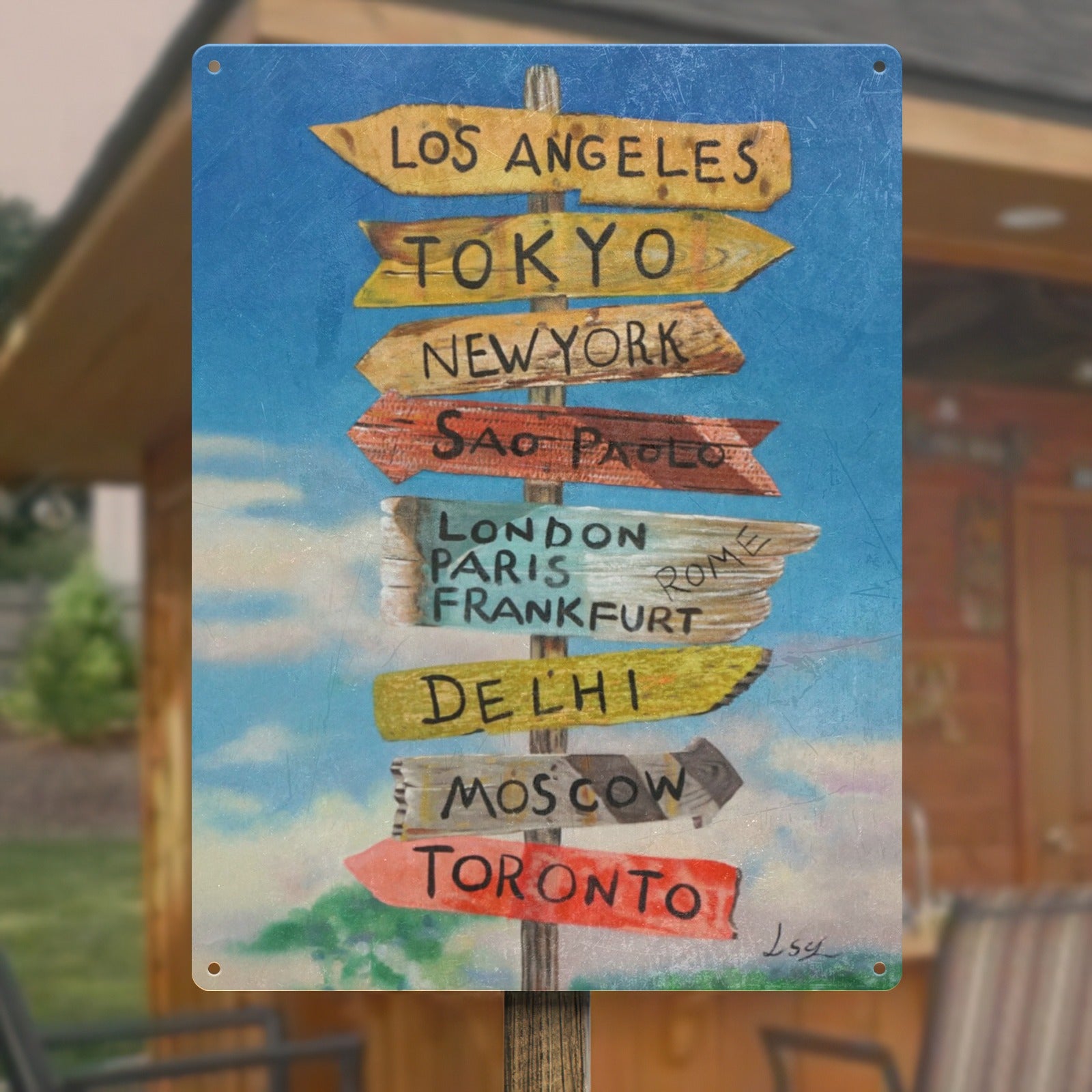 Metal tourist sign with destinations like Los Angeles & Tokyo, perfect for wall decor. Iron wall art with a rustic style.