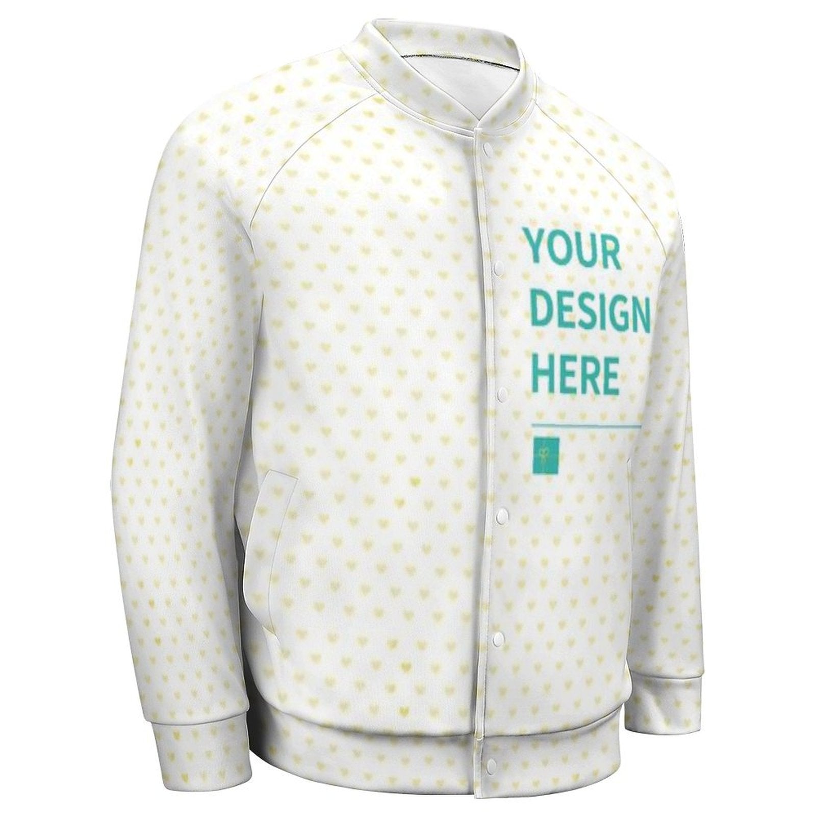 Customizable white varsity jacket with heart pattern, personalized with 'YOUR DESIGN HERE'. Great for gifts.