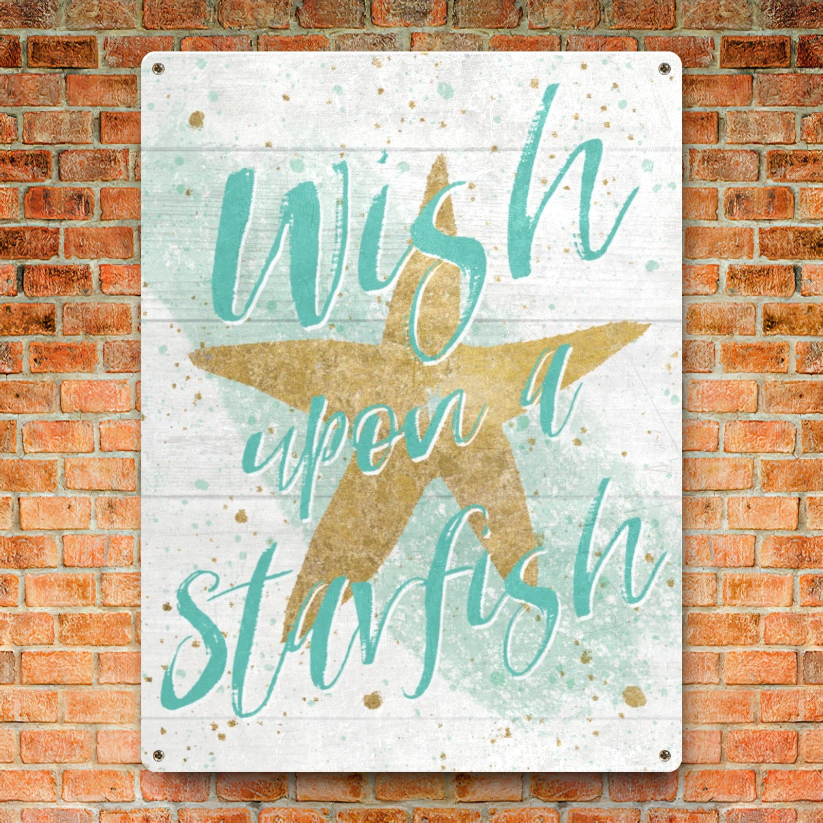 Aqua starfish metal sign with 'Wish upon a Starfish' quote, perfect for beach decor.