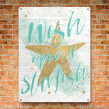 Aqua starfish metal sign with 'Wish upon a Starfish' quote, perfect for beach decor.