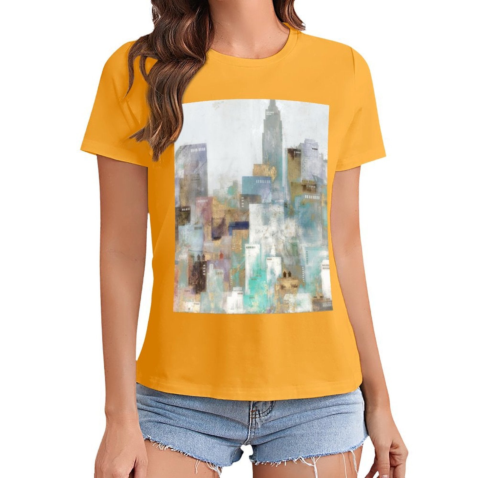 Yellow women's t-shirt with abstract cityscape graphic print, MyArtsyGift. Casual wear and gift.