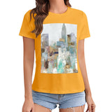 Yellow women's t-shirt with abstract cityscape graphic print, MyArtsyGift. Casual wear and gift.