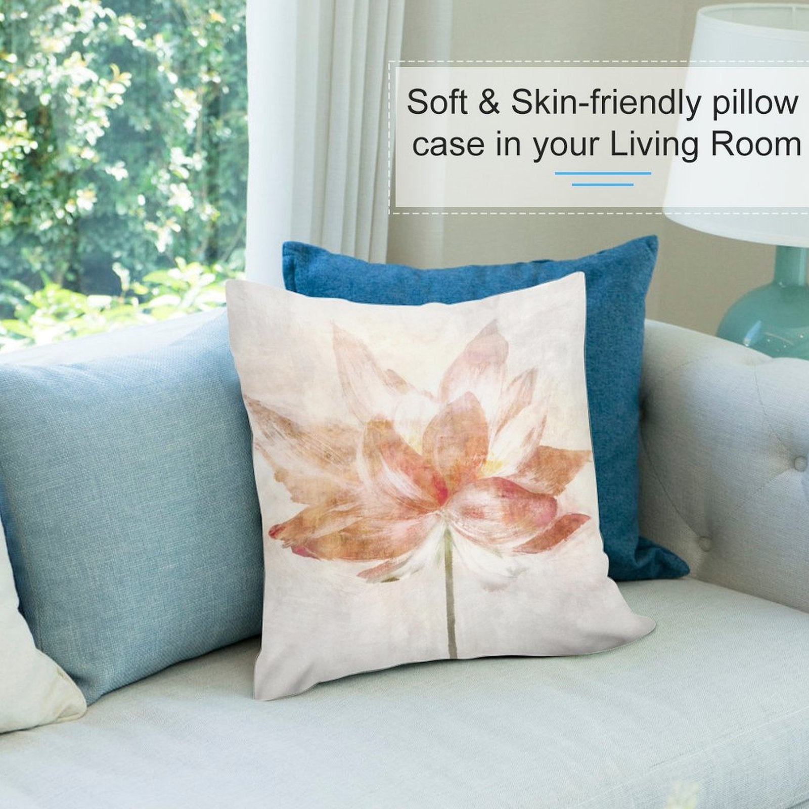MyArtsyGift soft plush pillow cover with watercolor lotus flower art, skin-friendly for sofa, living room decoration