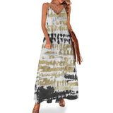 Women's long slip summer dress with tie-dye print in white, gold, and black. Features backless design, made of polyester.