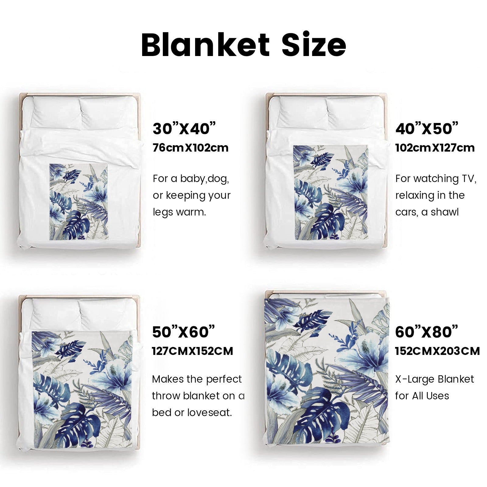 Blue Tropical Plants Flannel Blanket size options: 30x40, 40x50, 50x60, 60x80, made in USA, cozy home decor