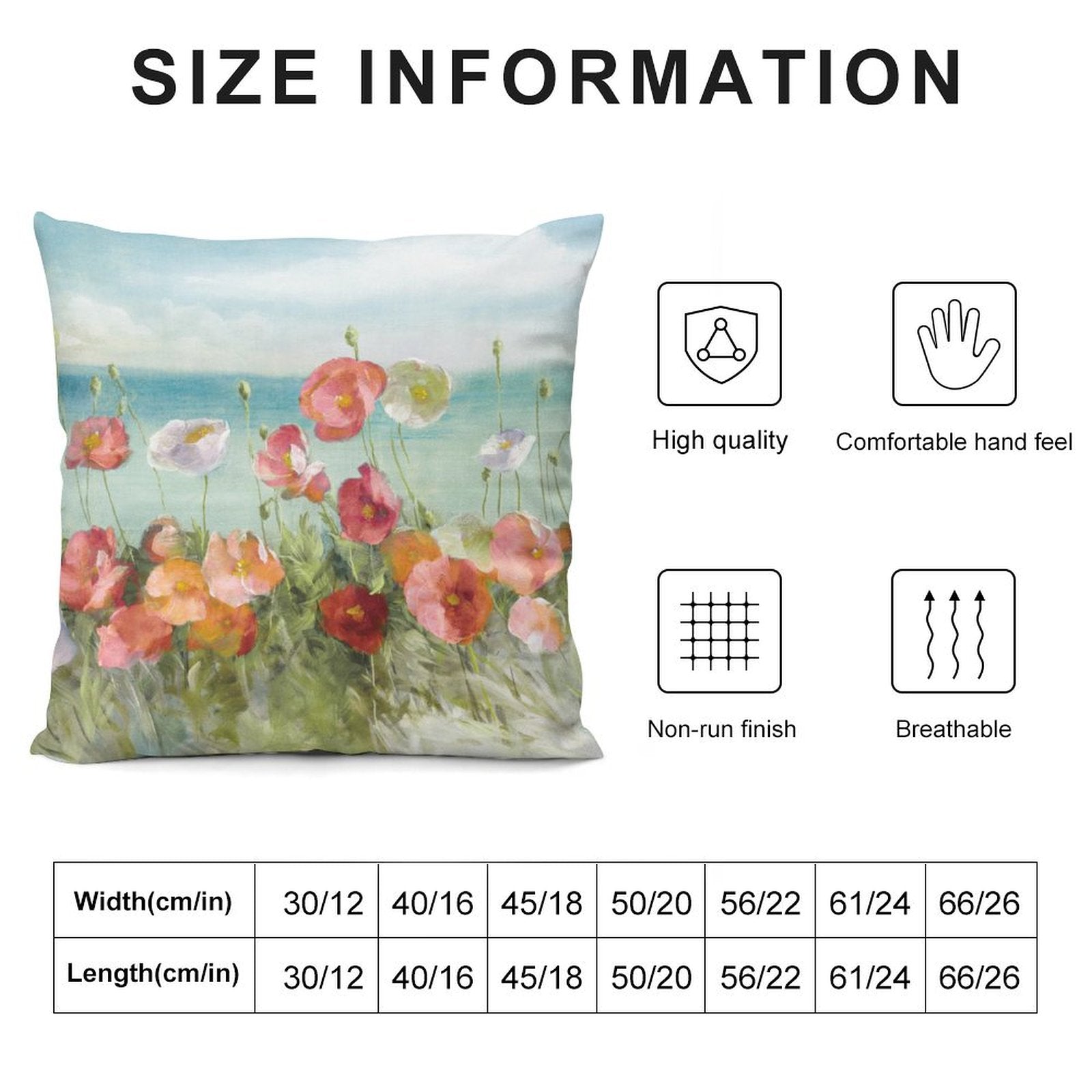Throw pillow cover with poppy floral design. Soft plush fabric, sofa and living room decor, multiple sizes available