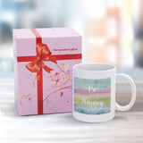 Personalized ceramic mug with Be Happy watercolor, white mug gift set, pink gift box with red bow, customizable gifts