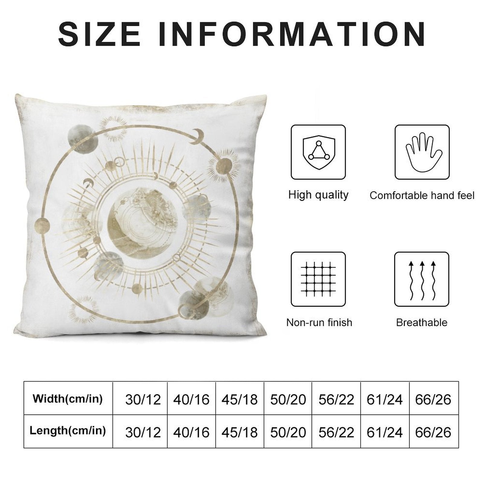 Plush throw pillow cover with celestial design, features size information chart for sofa, couch, living room