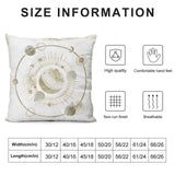 Plush pillow cover size chart with golden celestial design. High quality, comfortable, non-run finish, breathable.