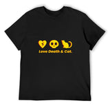 Men's black crew neck t-shirt with Love Death & Cat design, cotton fabric, comfortable.