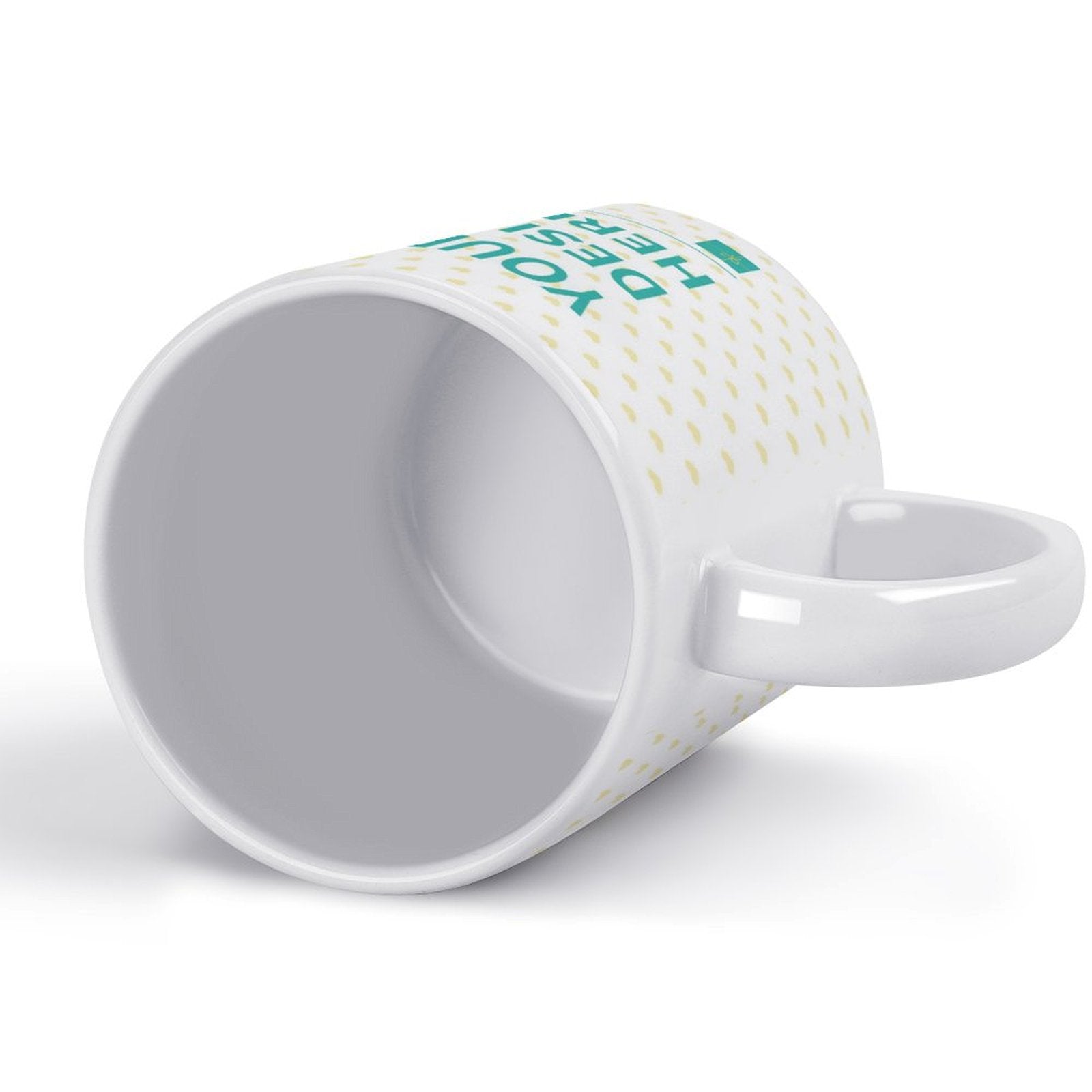 Customizable white ceramic mug with 'YOUR DESIGN HERE' text. Perfect personalized gift for men & women.