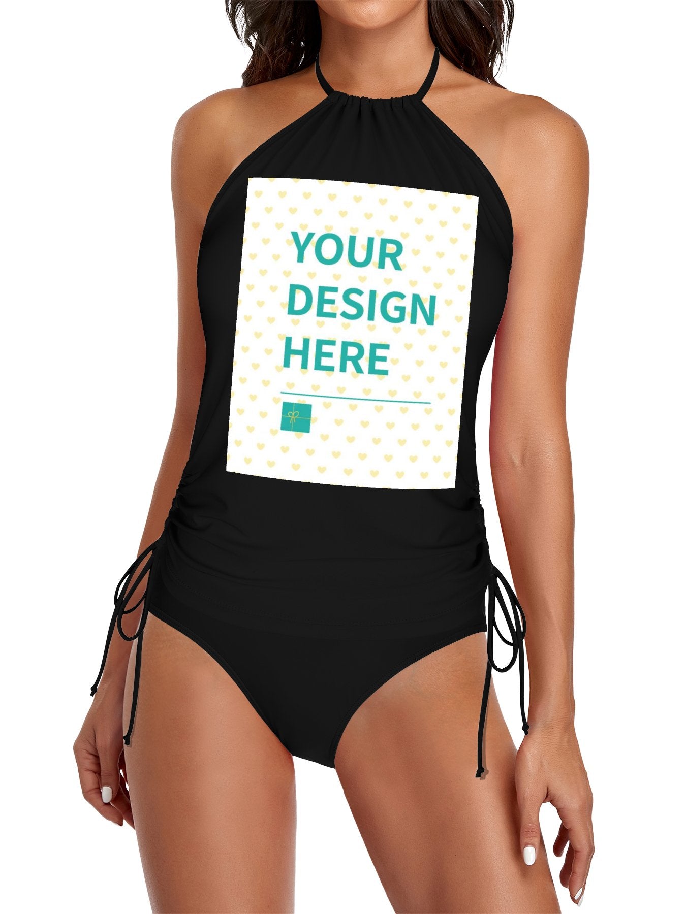 Custom black swimsuit for women, featuring 'YOUR DESIGN HERE' text, personalized bathing suit