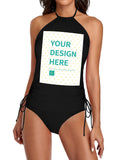 Custom black swimsuit for women, featuring 'YOUR DESIGN HERE' text, personalized bathing suit