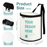 Customizable car garbage bag with "YOUR DESIGN HERE" text, polyester material, with dimensions. Car organizer storage box.