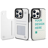 Custom iPhone 14 white PU leather flip phone case with 'YOUR DESIGN HERE' and card slots, MyArtsyGift