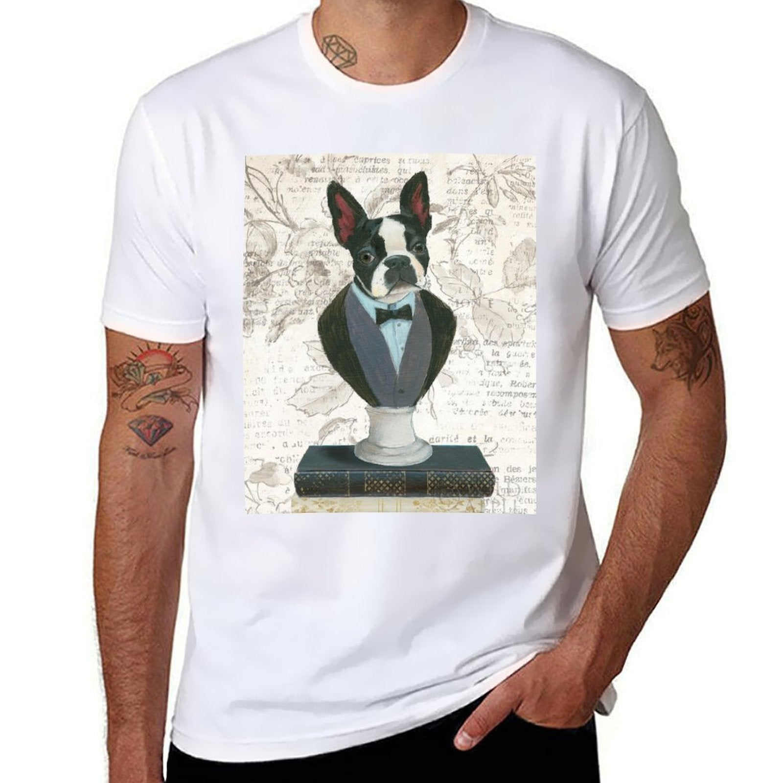 White cotton t-shirt, Boston Terrier bust in tuxedo design, Newsprint style, summer casual wear, Made in USA