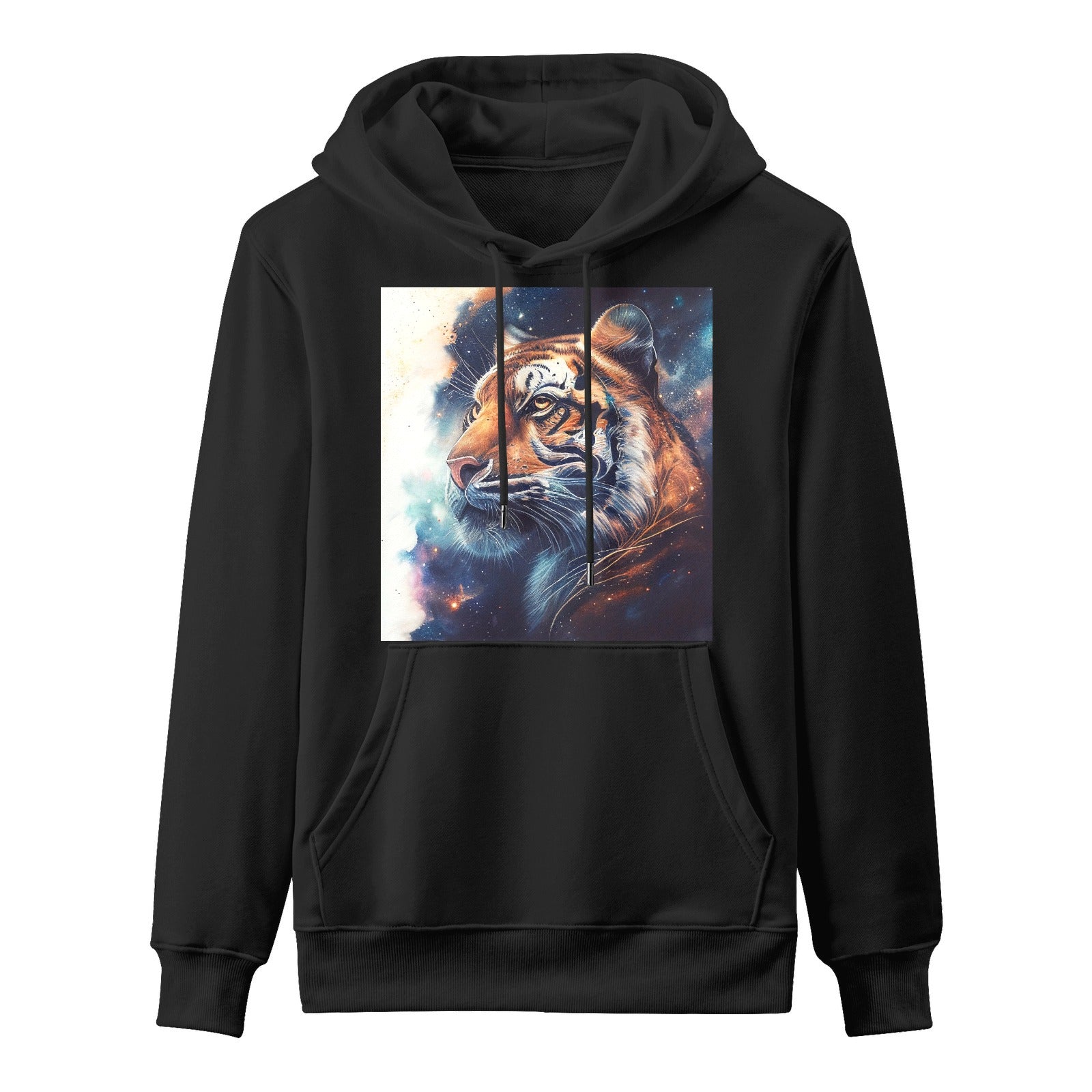 Majestic Tiger Astro Cruise black hooded sweatshirt. Cotton hoodie with a cosmic tiger design for men, Ben Heine art.