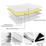 Picnic mat construction: waterproof backing, sponge core, soft top. With handle and magic tape for easy use.