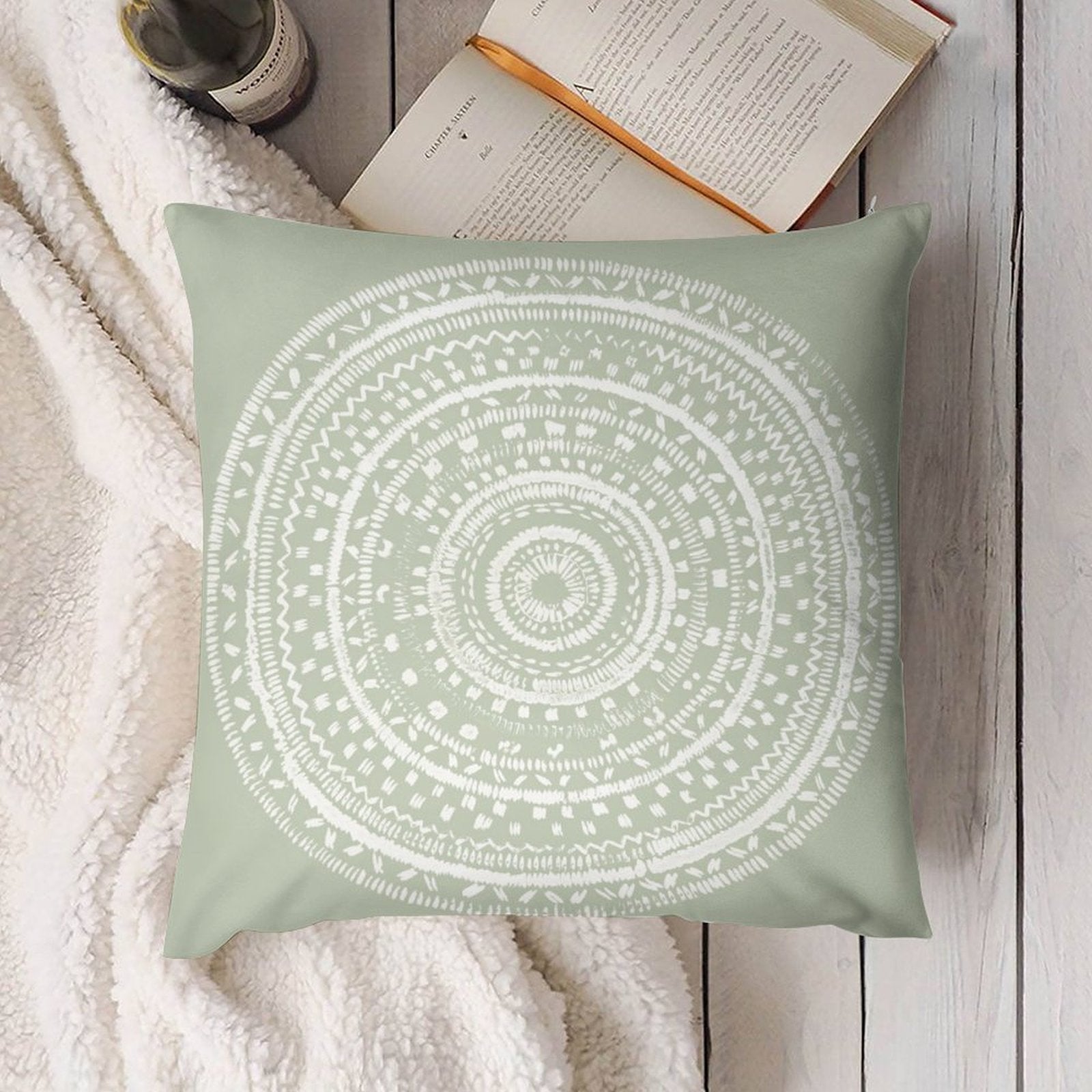 Sage green plush pillow cover with a white mandala pattern; soft short plush fabric, perfect for living room decor.