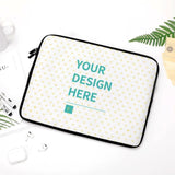 Customizable laptop sleeve with heart pattern, text "YOUR DESIGN HERE", neoprene material, and black zipper.