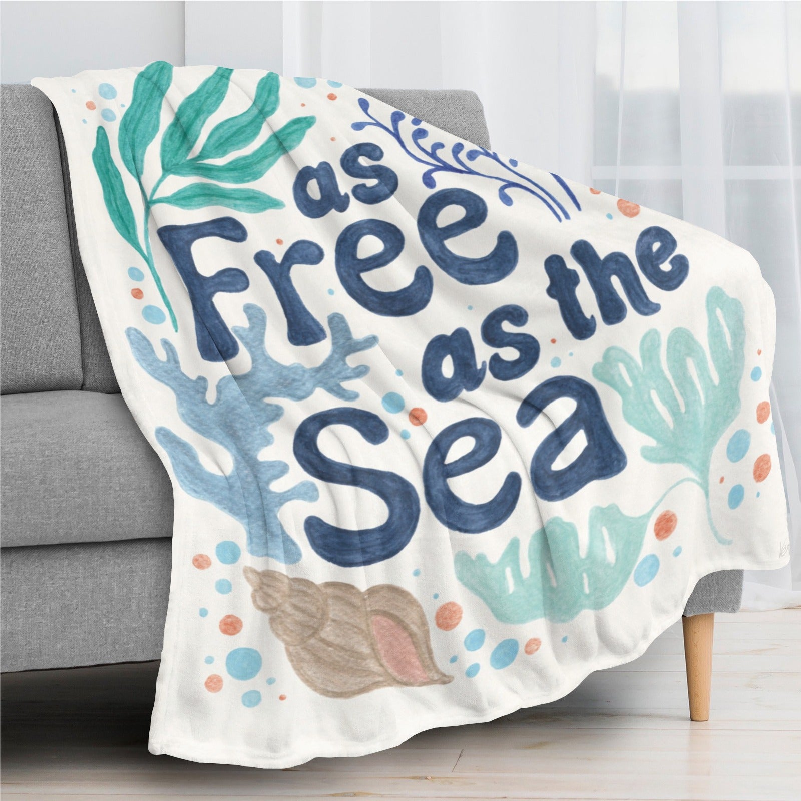 Coastal Currents V Flannel Blanket with 'as Free as the Sea' design; sofa, bed, couch blanket