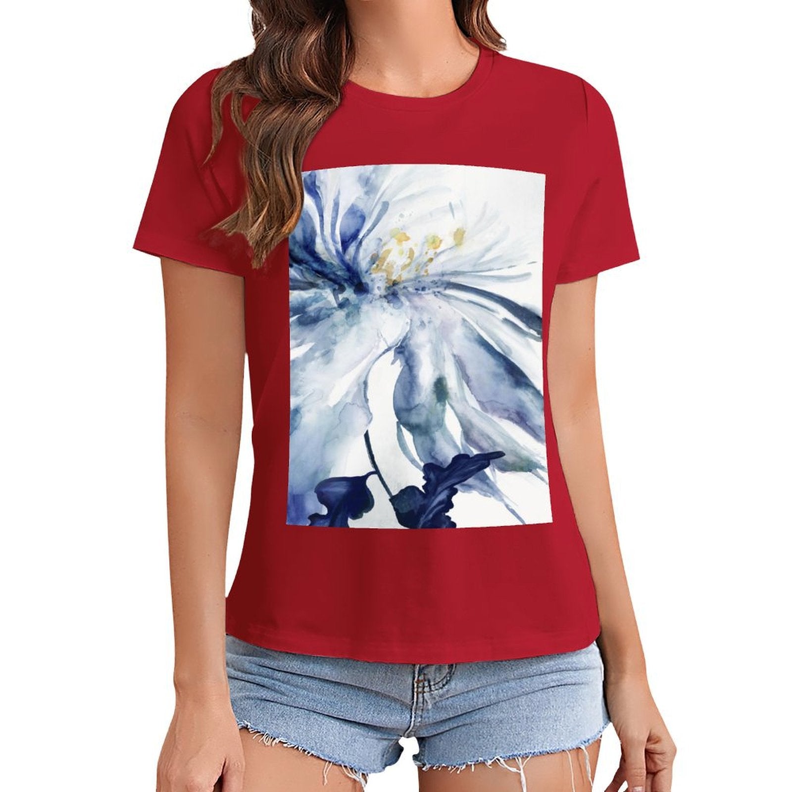 Women's red t-shirt with watercolor blue floral print, crewneck, MyArtsyGift design