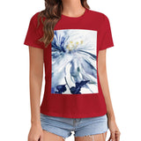 Women's red t-shirt with watercolor blue floral print, crewneck, MyArtsyGift design