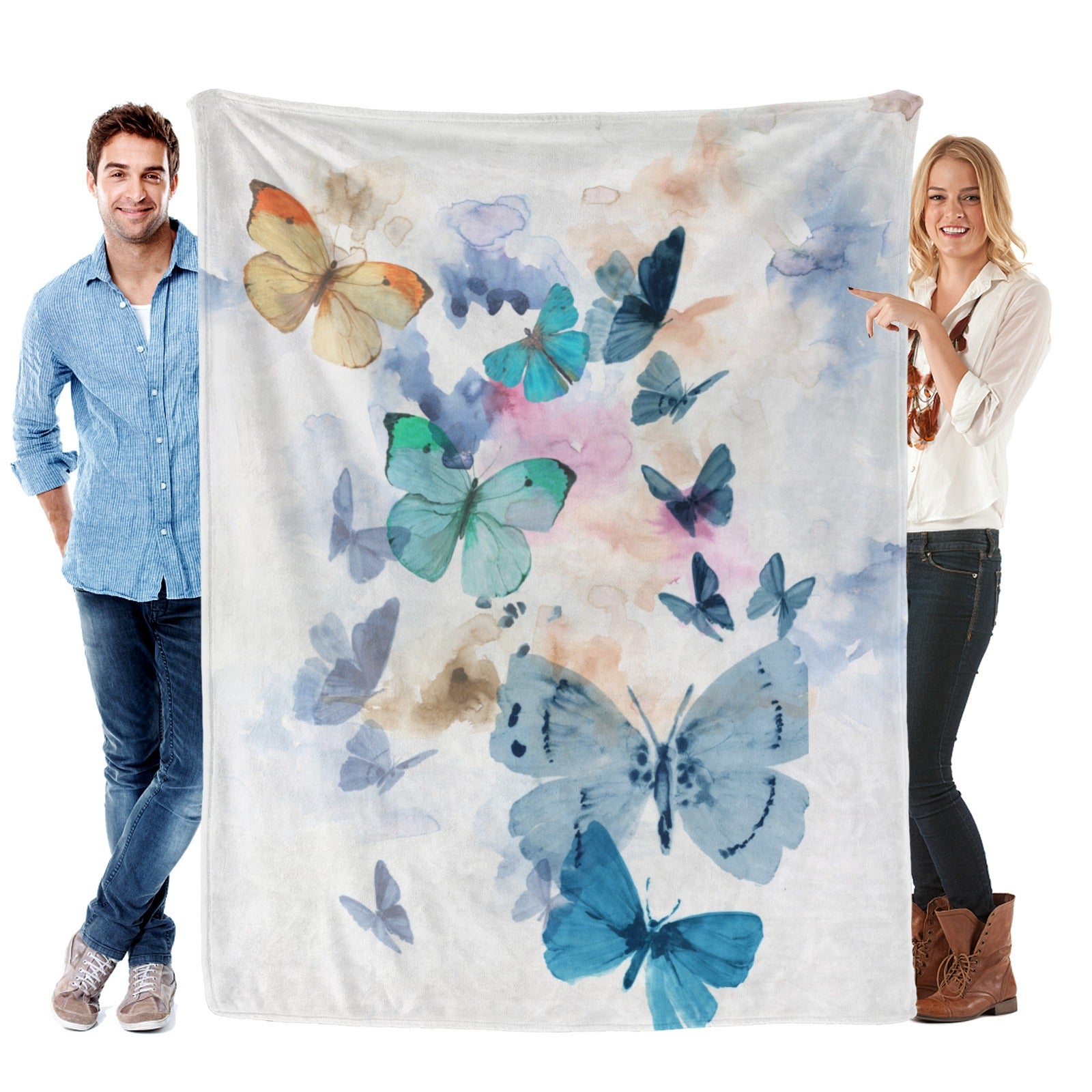 Blue Butterflies Flannel Blanket, soft and cozy blanket with a vibrant watercolor butterfly design.