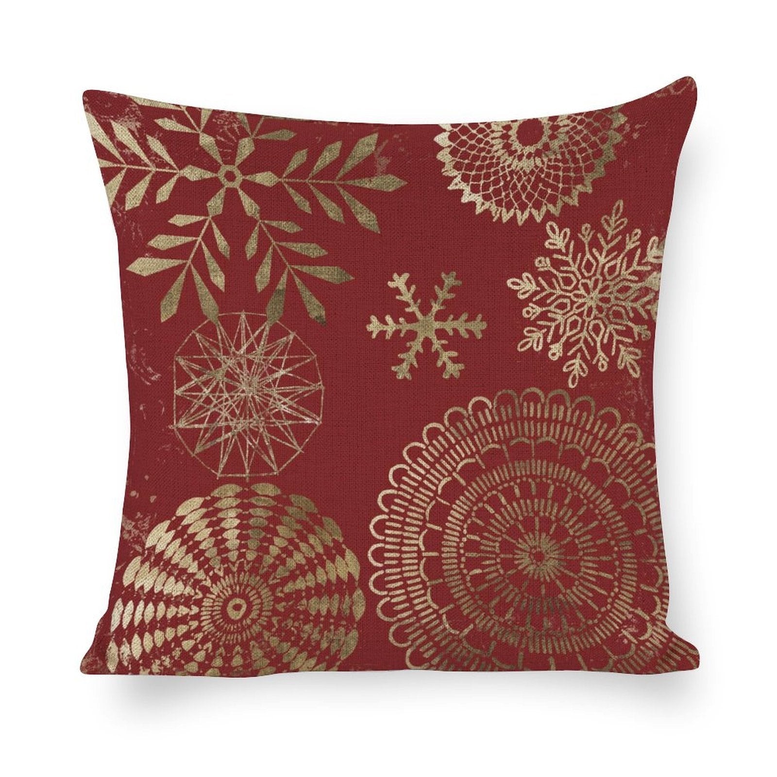 Red Cotton Linen Pillow Case with Gold Snowflake & Mandala Pattern, Decorative Throw Pillow