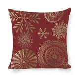 Red Cotton Linen Pillow Case with Gold Snowflake & Mandala Pattern, Decorative Throw Pillow