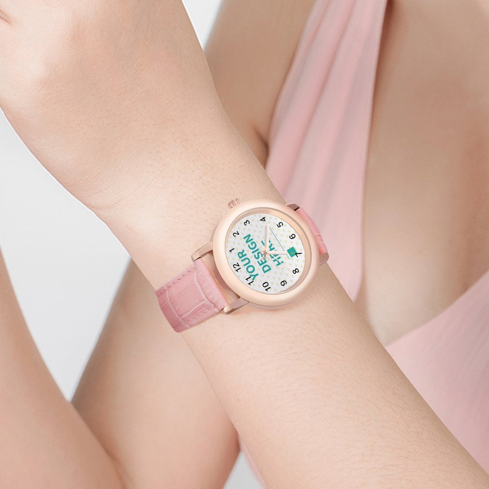 Personalized pink leather watch for women with 'YOUR DESIGN HERE' dial, rose gold case. Custom watch gift.