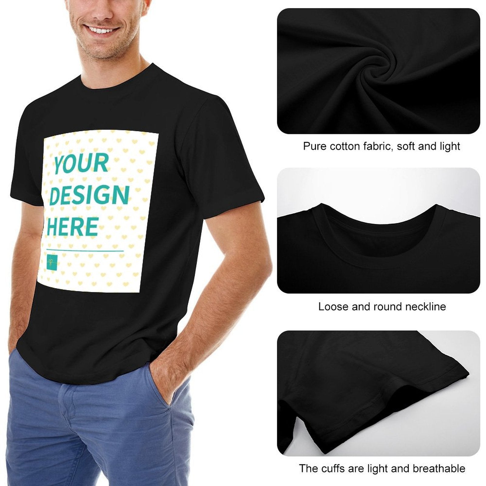 Men's black short sleeve t-shirt with 'Your Design Here' design, cotton fabric, and breathable cuffs at MyArtsyGift